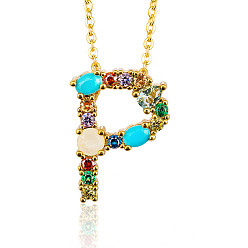 Letter P Brass Micro Pave Cubic Zirconia Initial Pendants Necklaces, with Cable Chains, Letter, Letter.P, 17.9~18.1 inch(45.5~46cm)x1.5mm, LetterP: 19.5x14x6mm