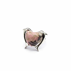 Rodonita Anillos ajustables de corazón de rodonita natural, anillo de latón platino, tamaño de EE. UU. 8 (18.1 mm)