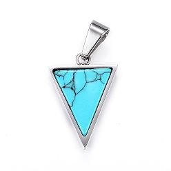 Stainless Steel Color 304 Stainless Steel Pendants,  Triangle, with Synthetic Turquoise, Dyed, Stainless Steel Color, 25.5x18x3mm, Hole: 7x5mm