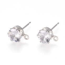 Clear Brass Stud Earring Findings, with 316 Surgical Stainless Steel Pin, Cubic Zirconia and Loop, Long-Lasting Plated, Flat Round, Real Platinum Plated, Clear, 8x6x5.5mm, Hole: 1mm, Pin: 0.7mm