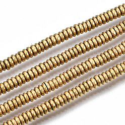 Real 18K Gold Plated Electroplate Non-magnetic Synthetic Hematite Beads Strands, Flat Round/Disc, Heishi Beads, Real 18K Gold Plated, 3x1mm, Hole: 1mm, about 328~341pcs/strand, 15.94 inch~16.54 inch(40.5cm~42cm)