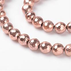 Rose Gold Plated Faceted Round Non-Magnetic Synthetic Hematite Beads Strands, Rose Gold Plated, 6mm, Hole: 1mm, about 55pcs/strand, 13.7 inch