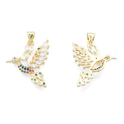 Real 18K Gold Plated Brass Micro Pave Colorful Cubic Zirconia Pendants, with Brass Snap on Bails, Nickel Free, Hummingbird, Real 18K Gold Plated, 21x23x4.5mm, Hole: 3x4mm