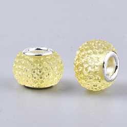 Jaune Champagne Rhinestone de résine de perles européennes, Perles avec un grand trou   , en laiton de tonalité de platine noyaux doubles, rondelle, perles baies, jaune champagne, 14x10mm, Trou: 5mm
