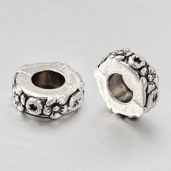 Antique Silver Alloy European Large Hole Beads, Flat Round with Flower, Antique Silver, 10x3.5mm, Hole: 6mm
