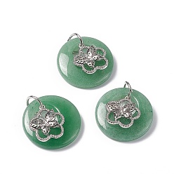 Green Aventurine Natural Green Aventurine Pendants, Flat Round Charms, with Platinum Tone Brass Flower with Butterfly Findings, Cadmium Free & Nickel Free & Lead Free, 30~35x28~32x10~10.5mm, Hole: 2mm