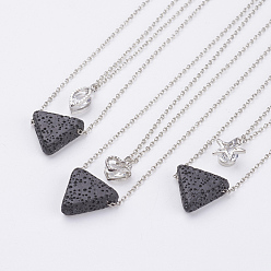 Platinum Natural Lava Rock Brass Two-Tiered Necklaces, Double Layer Necklaces, with Brass Micro Pave Cubic Zirconia Pendant, Triangle, Platinum, 15.9 inch(40.5cm)