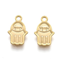 Real 18K Gold Plated 201 Stainless Steel Charms, Laser Cut, Hamsa Hand/Hand of Fatima/Hand of Miriam with Evil Eye , Real 18k Gold Plated, 13x8x0.5mm, Hole: 1.4mm