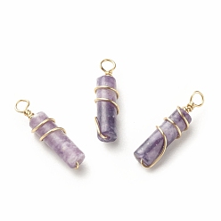 Lilac Jade Natural Lilac Jade Pendants, with Light Gold Tone Eco-Friendly Copper Wire Wrapped, Column, 20~21x5~5.5mm, Hole: 2.3~2.8mm