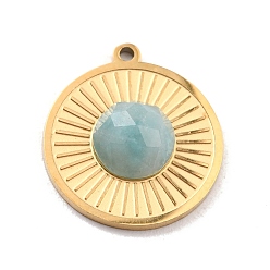 Amazonite Natural Amazonite Pendants, with Ion Plating(IP) 304 Stainless Steel Findings, Real 24K Gold Plated, Flat Round, 15.5x13.5x3.5mm, Hole: 1mm