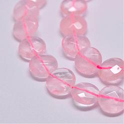 Pink Natural Rose Quartz Beads Strands, Faceted, Flat Round, Pink, 10x5mm, Hole: 1mm, 38pcs/strand, 15.2 inch(38.5cm)