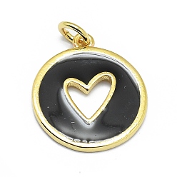 Black Brass Enamel Pendants, Round with Cut Out Heart, Real 18K Gold Plated, Long-Lasting Plated, Black, 18x15.5x1mm, Hole: 3mm, Jump rings: 5x0.7mm