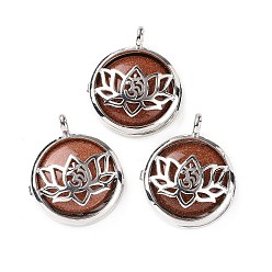 Goldstone Synthetic Goldstone Locket Pendants, Flat Round Charms, with Platinum Plated Brass Lotus Findings, 31.5x27x9mm, Hole: 4.6mm