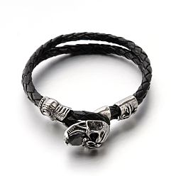 Black Skull 304 Stainless Steel Leather Cord Bracelets, with Leather Cord Clasps, Black, 205x5mm