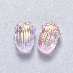Prune Perles de verre peintes par pulvérisation transparent, avec de la poudre de paillettes, pakchoi, prune, 11x7.5x5.5mm, Trou: 1mm