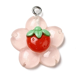 Pink Translucent Resin Pendants, Sunflower Charms with Platinum Plated Iron Loops, Pink, 25x21x7.5mm, Hole: 2mm