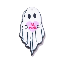 Pink Halloween Printed Acrylic Pendants, Ghost with Heart & Word Be Mine Charm, Pink, 43.5x22x2mm, Hole: 1.8mm