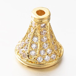 Oro Micro latón allanan conos de perlas de óxido de circonio cúbico, dorado, 9x8 mm, agujero: 1 mm y 3 mm