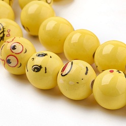 Yellow Handmade Porcelain Beads, Round with Expression, Yellow, 14mm, Hole: 2.5mm, about 25pcs/strand, 13.3 inch(34cm)