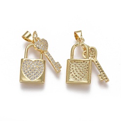Real 18K Gold Plated Brass Micro Pave Cubic Zirconia Pendants, Heart Lock with Heart Key, Clear, Real 18K Gold Plated, Lock: 21.5x11x2.5mm, Key: 19.5x6.5x3mm, Hole: 3x4.5mm
