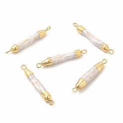 Light Gold Charmes de connecteur de perles de keshi naturelles baroques, liens de colonne, avec doubles boucles en laiton, or et de lumière, 31~33x4~5mm, Trou: 1.8mm