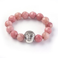 Rhodochrosite Natural Rhodochrosite Stretch Rings, with Alloy Buddha Beads, Faceted, Round, Antique Silver, Size 8, 18mm