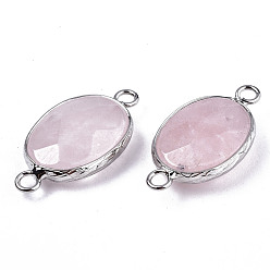 Cuarzo Rosa Enlaces / conectores de cuarzo rosa natural, borde de latón en tono platino, oval con facetas, 27.5x14~15x6 mm, agujero: 2 mm