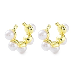 Real 18K Gold Plated Brass Ring Cuff Earrings with ABS Imitation Pearl Beaded, Non Piercing Earrings, Real 18K Gold Plated, 18x6mm