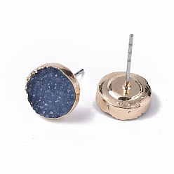 Steel Blue Electroplate Druzy Resin Stud Earrings, with Iron Pins and Light Gold Plated Iron Findings, Flat Round, Steel Blue, 10mm, Pin: 0.6mm