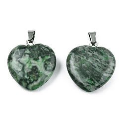 Medium Sea Green Natural Map Stone Pendants, with Stainless Steel Color Tone Stainless Steel Snap On Bails, Heart Charm, Dyed & Heated, Medium Sea Green, 22~22.5x20~20.5x6mm, Hole: 2.5x5mm