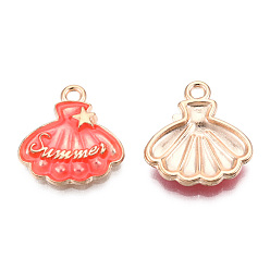 Tomato Alloy Enamel Pendants, Light Gold, Shell/Scallop with Star & Word Summer, Tomato, 17.5x16.5x3mm, Hole: 1.6mm