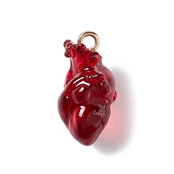 Dark Red Transparent Resin Pendants, Anatomical Heart Charms, with Golden Plated Iron Loops, Dark Red, 20.5~21.5x11.5x11mm, Hole: 2mm