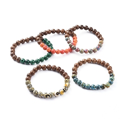 Mixed Color Unisex Stretch Bracelets, with Synthetic Malachite(Dyed) Beads and Wood Beads, Round, Mixed Color, 2-1/4 inch(5.7cm)