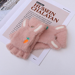 Pink Convertible Velvet Fingerless Gloves, Cute Women Winter Warm Gloves, Half Capped 2 in 1 Combo Mitten, Rabbit, Pink, 24.7cm