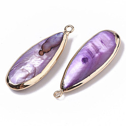 Violet Pendentifs de coquillages d'eau douce naturelle, avec boucles en fer, bord plaqué or, teint, larme, violette, 31~33x10.5~12x5mm, Trou: 1.8mm
