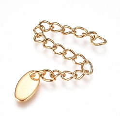 Oro Extensor de cadena de acero inoxidable con revestimiento al vacío 304, cadena de bordillo soldada, con colgantes ovales, dorado, 58~68 mm, link: 4x3x0.5 mm