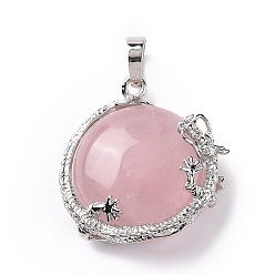 Розовый Кварц Натуральный розовый кварц кулон, с латунной найти, полукругом с драконом, платина, 28~33x25~28x15~16 мм, отверстие : 5x8 мм