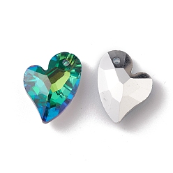 Vert Pendentifs en verre plaquent, dos plaqué, facette, charmes de coeur, verte, 17x12.5x6~6.5mm, Trou: 1.4~1.5mm