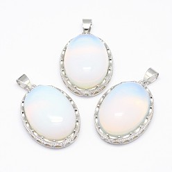 Opalite Opalite Pendants, with Brass Findings, Oval, Platinum, 30x21x10~11mm, Hole: 6x4mm