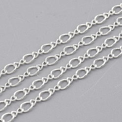 Серебро Латунь Figaro цепи, фигура 8 цепи, с катушкой, пайки, серебряный цвет гальваническим, 4x3.7x0.4 мм и 3.5x2x0.4 мм, около 100 ярд / рулон
