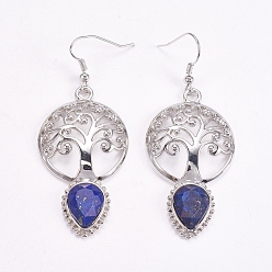 Lapis Lazuli Brass Dangle Earrings, Natural Lapis Lazuli, Faceted, Hollow Flat Round with Tree of Life and Teardrop, Platinum, 66mm, Pin: 0.6mm