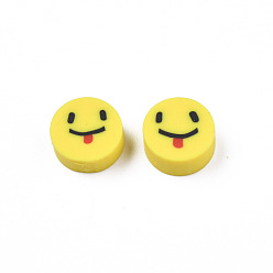 Yellow Handmade Polymer Clay Beads, Flat Round with Expression, Yellow, 9~10x4~5mm, Hole: 1.6mm