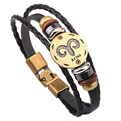Aries Braided Leather Cord Retro Multi-strand Bracelets, with Wood Beads, Hematite Beads and Alloy Findings, Flat Round,  Antique Bronze, Aries, 8-1/4 inch(21cm)
