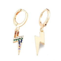 Real 18K Gold Plated Colorful Cubic Zirconia Lightning Bolt Dangle Leverback Earrings, Brass Jewelry for Women, Cadmium Free & Nickel Free & Lead Free, Real 18K Gold Plated, 31mm, Pin: 1mm