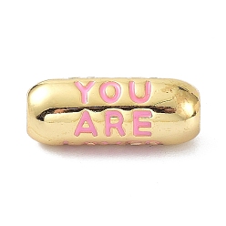 Pink Eco-Friendly Brass Enamel Beads, Long-Lasting Plated, Real 18K Gold Plated, Oval with Word You Are, Pink, 17.5x7mm, Hole: 3mm