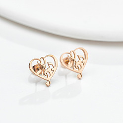 Rose Gold 304 Stainless Steel Heart with Music Note Stud Earrings with 316 Stainless Steel Pins for Women, Rose Gold, 13x13mm