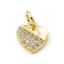 Chapado en Oro Real 18K Dijes de corazón de circonita cúbica transparente con micro pavé de latón, con anillos de salto abiertos, real 18 k chapado en oro, 8.5x7.5x1.5 mm, anillo de salto: 4.5x0.7 mm, diámetro interior: 3 mm