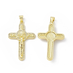 Real 18K Gold Plated Rack Plating Eco-friendly Brass Pendants, Micro Pave Clear Cubic Zirconia, Long-Lasting Plated, Lead Free & Cadmium Free, Religion Crucifix Cross Charm, Real 18K Gold Plated, 37x23x4.5mm, Hole: 4x3mm