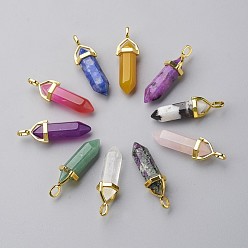 Mixed Stone Natural Mixed Stone Double Terminated Pointed Pendants, with Random Alloy Pendant Hexagon Bead Cap Bails, Golden, Bullet, 37~40x12.5x10mm, Hole: 3x4.5mm