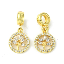 Real 18K Gold Plated Rack Plating Brass Micro Pave Cubic Zirconia European Dangle Charms, Flat Round with Tree Large Hole Pendants, Long-Lasting Plated, Lead Free & Cadmium Free, Real 18K Gold Plated, 24mm, Pendant: 14.2x12x3mm,, Hole: 5mm